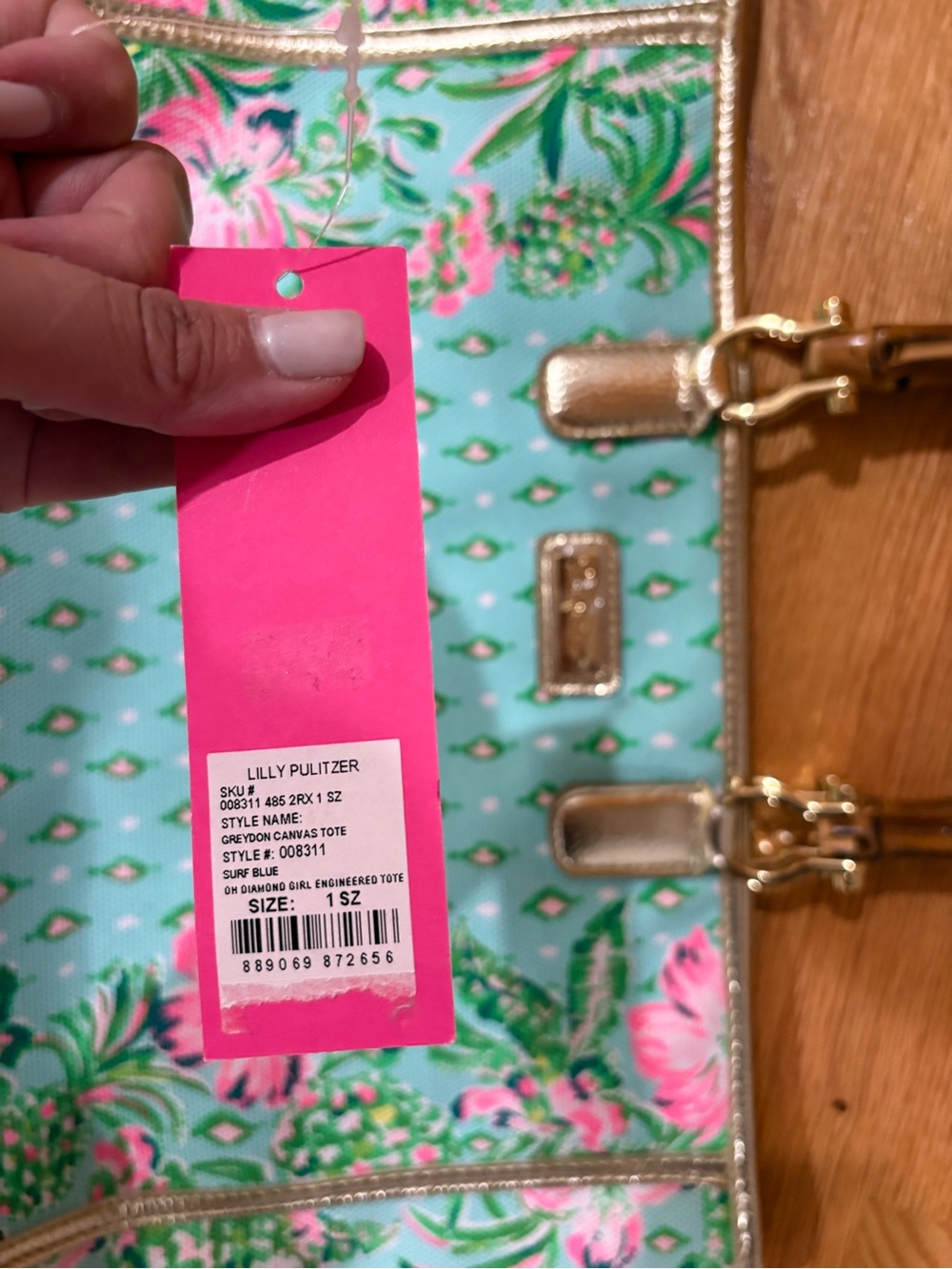 NWT Lilly Pulitzer Mint Floral Tote with Bamboo Handles - Picture 5 of 5